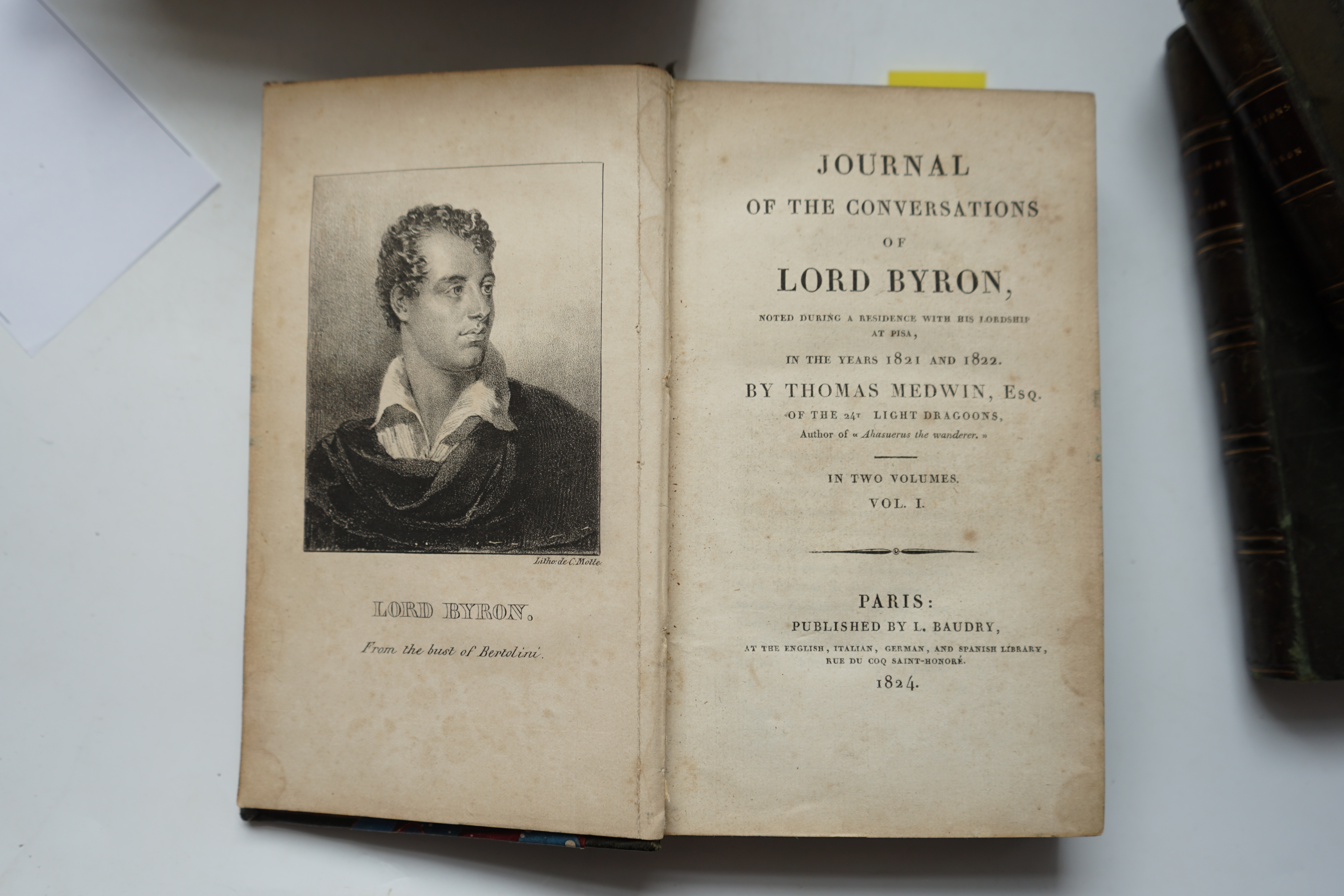 Medwin, Thomas - Conversations of Lord Byron noted During a Residence at Pisa, in the years 1821 and 1822, 2 vols, 12mo, half calf, Henry Colburn and Ruchard Bentley, London, 1830; another copy - 2 vols in 1, 8vo, half c